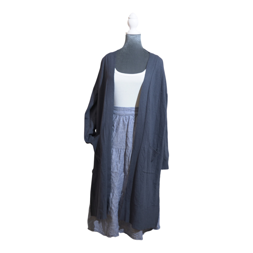 Debut Navy Long Cardigan Duster Open Front Pockets Side Slits Lagenlook Sz M EUC
